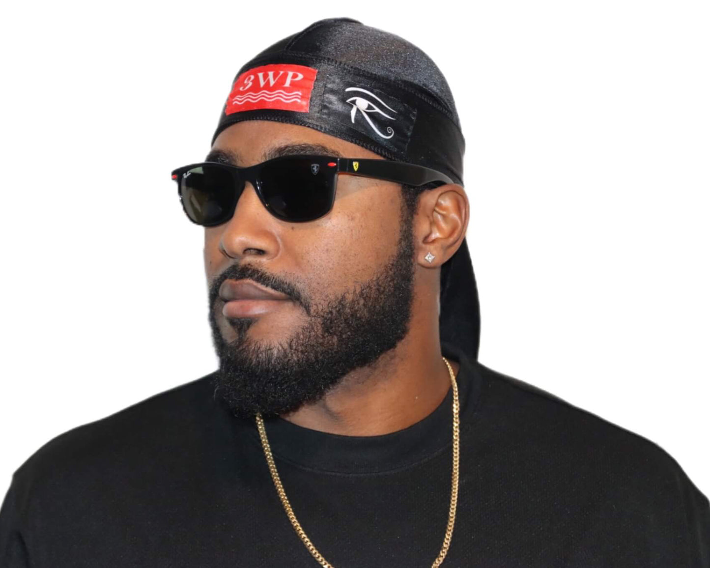 3WP Black Silky Du-rag w/ Red Patch