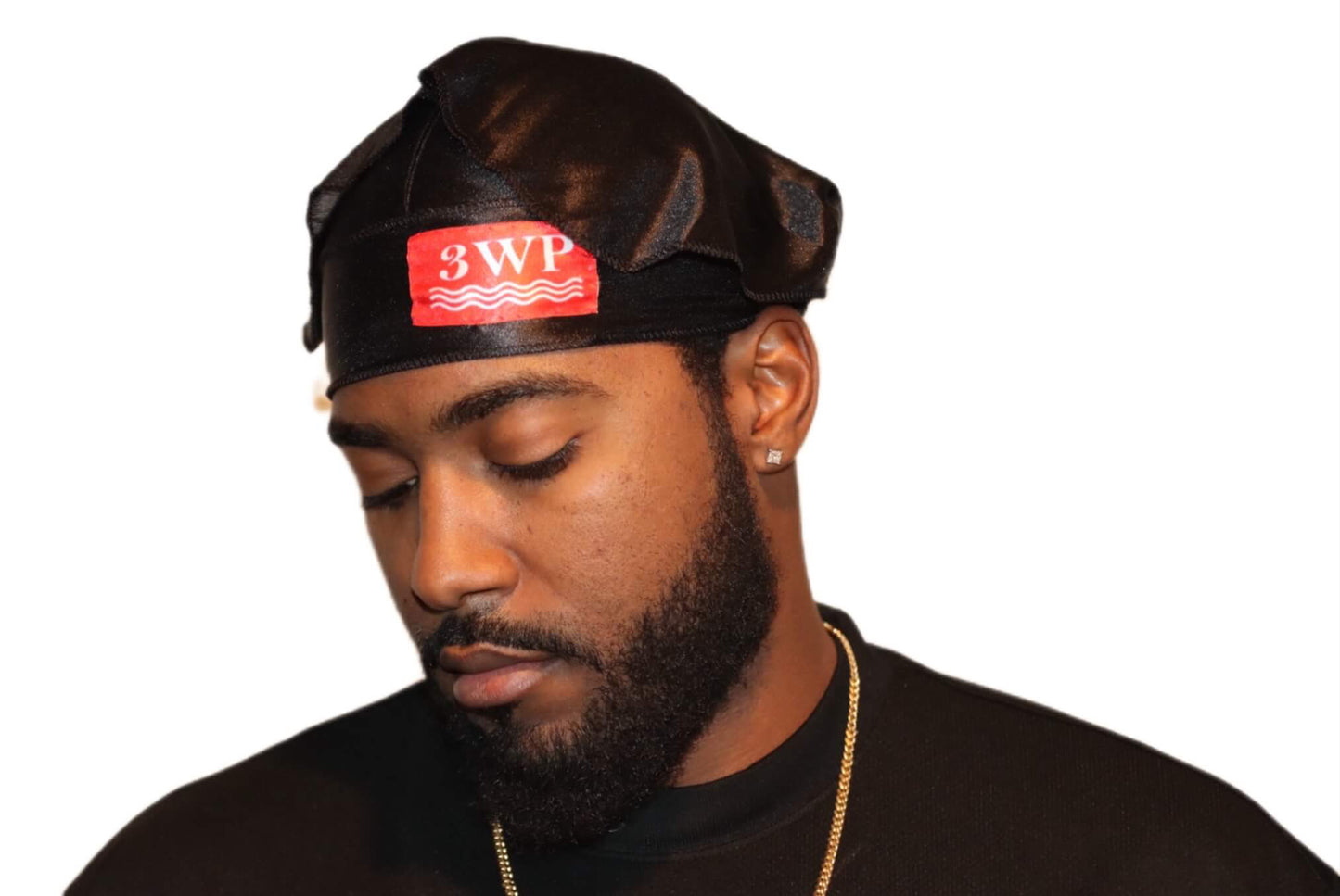 3WP Black Silky Du-rag w/ Red Patch