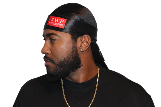 3WP Black Silky Du-rag w/ Red Patch